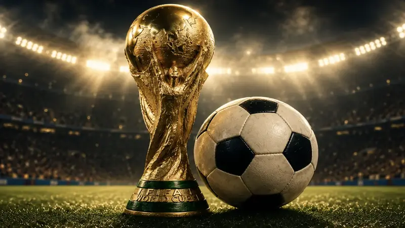Dünya Kuboku üslublu kubok və futbol topu stadion işıqları altında